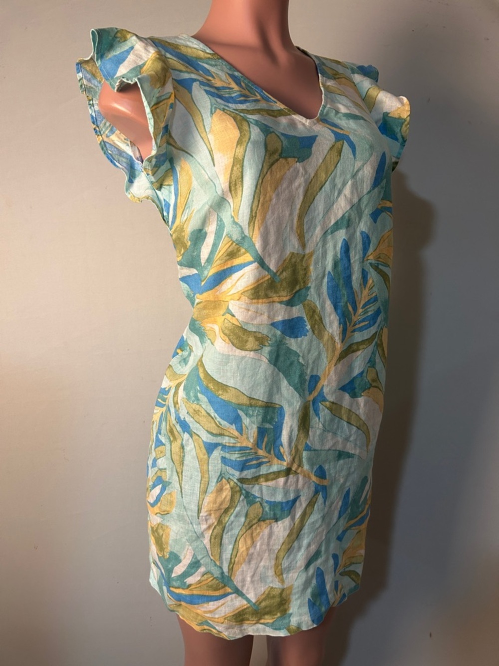 Rachel Zoe Shift Dress Tropical Banana Leaf 100% Linen Cap Sleeve Size XS